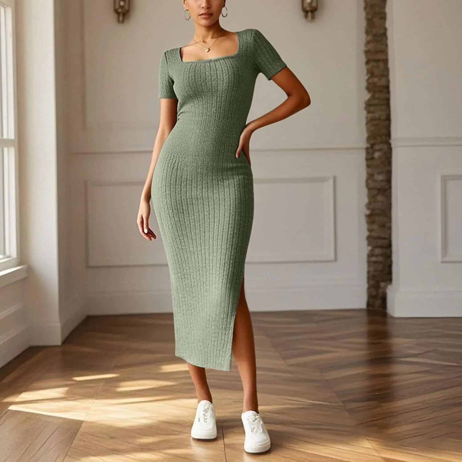 Women's Casual Square Neck Ribbed Maxi Dress Stretchy Summer Long Bodycon Knit Dress with Side Slit for Daily