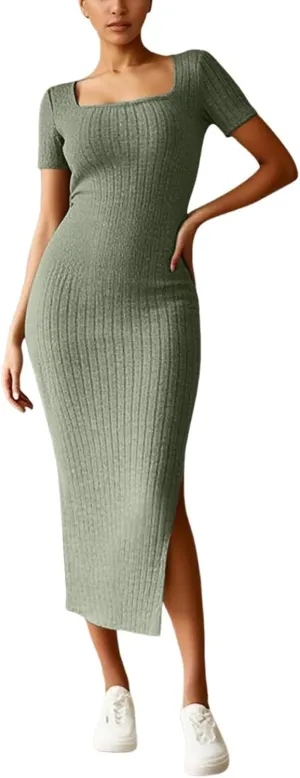 Women's Casual Square Neck Ribbed Maxi Dress Stretchy Summer Long Bodycon Knit Dress with Side Slit for Daily