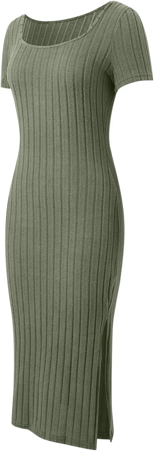 Women's Casual Square Neck Ribbed Maxi Dress Stretchy Summer Long Bodycon Knit Dress with Side Slit for Daily