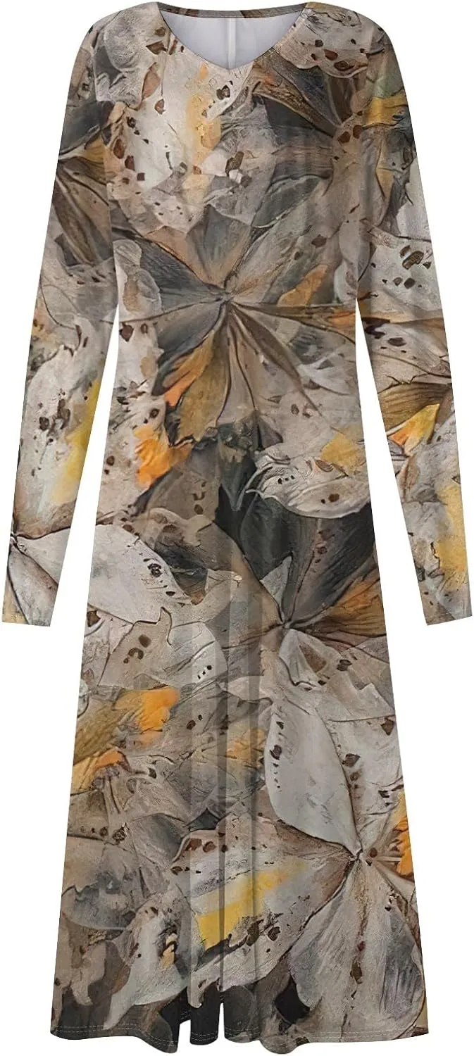 Womens Fall Dresses Long Sleeve V Neck Floral Print Wrap Maxi Dress Ruffle A-Line Flowy Long Dresses