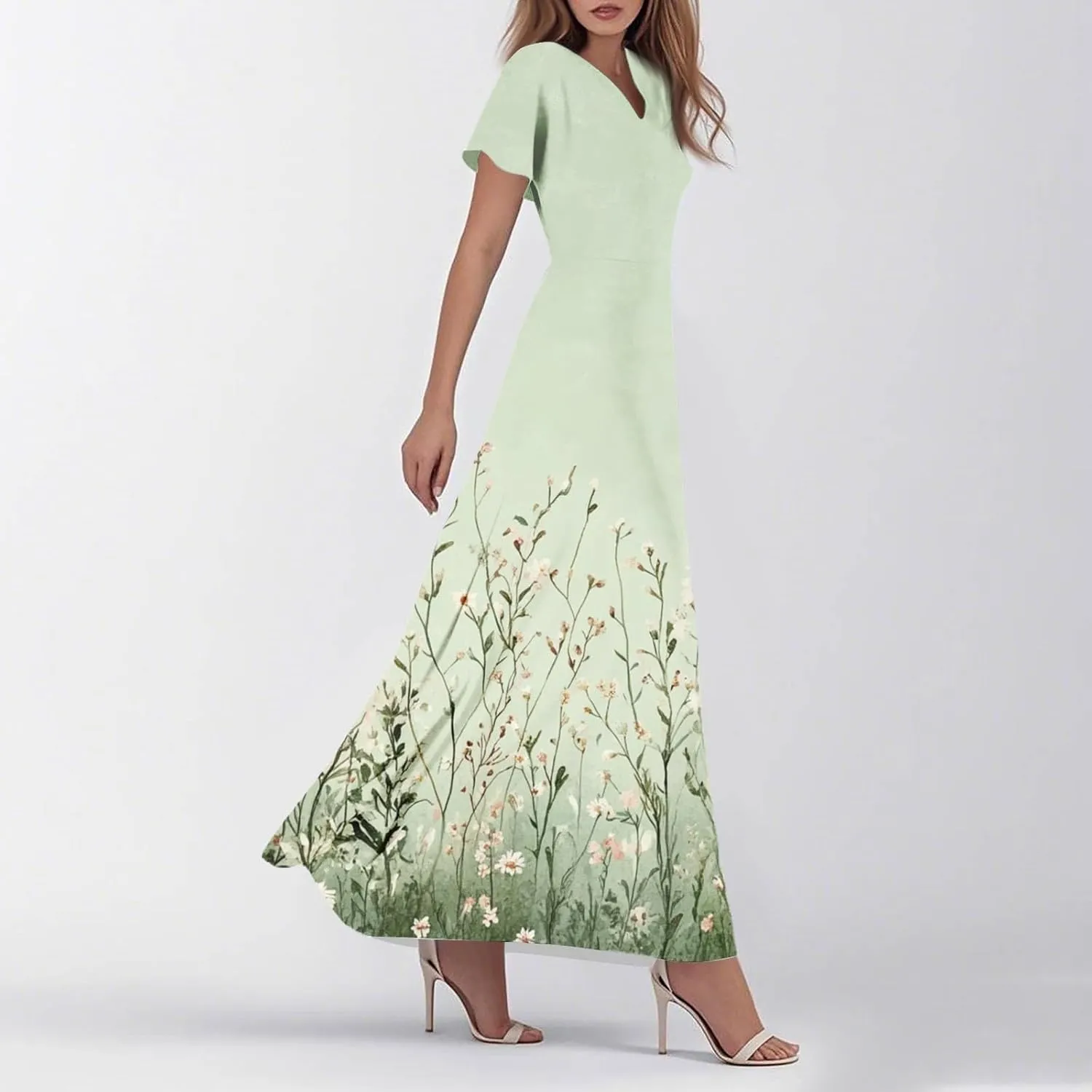 Womens Floral Dress Summer Short Sleeve Simple V-Neck Beautiful Beach Belted Retro Flower Leaf Print Dress