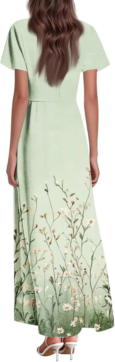 Womens Floral Dress Summer Short Sleeve Simple V-Neck Beautiful Beach Belted Retro Flower Leaf Print Dress