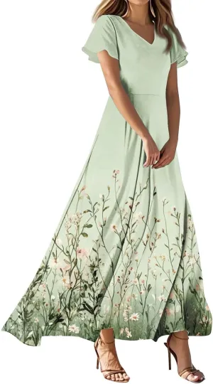 Womens Floral Dress Summer Short Sleeve Simple V-Neck Beautiful Beach Belted Retro Flower Leaf Print Dress