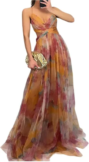 Women's Floral Tulle Wedding Guest Prom Dress Sexy Spaghetti Straps V Neck A Line Formal Colorful Cocktail Maxi Dresses