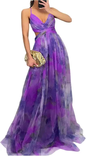 Women's Floral Tulle Wedding Guest Prom Dress Sexy Spaghetti Straps V Neck A Line Formal Colorful Cocktail Maxi Dresses