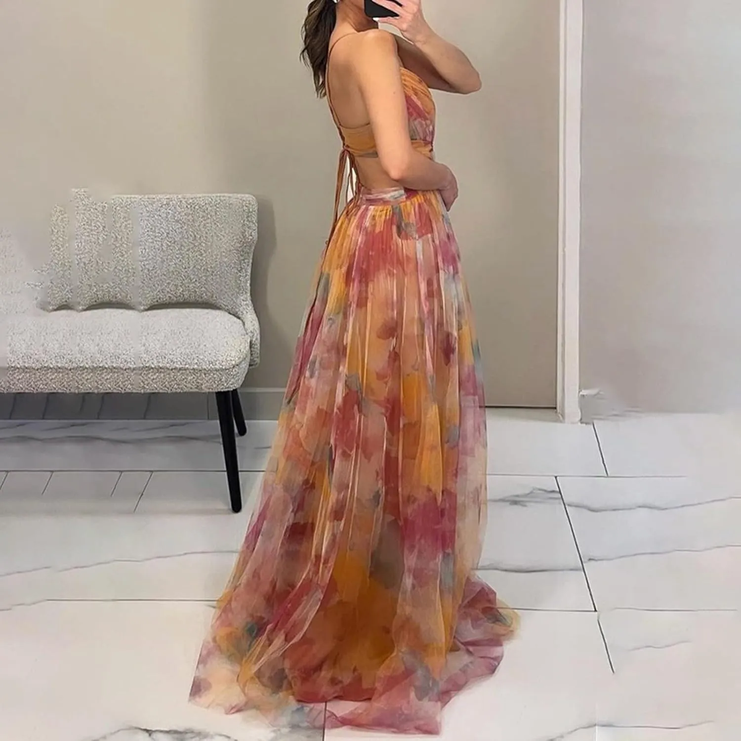 Women's Floral Tulle Wedding Guest Prom Dress Sexy Spaghetti Straps V Neck A Line Formal Colorful Cocktail Maxi Dresses