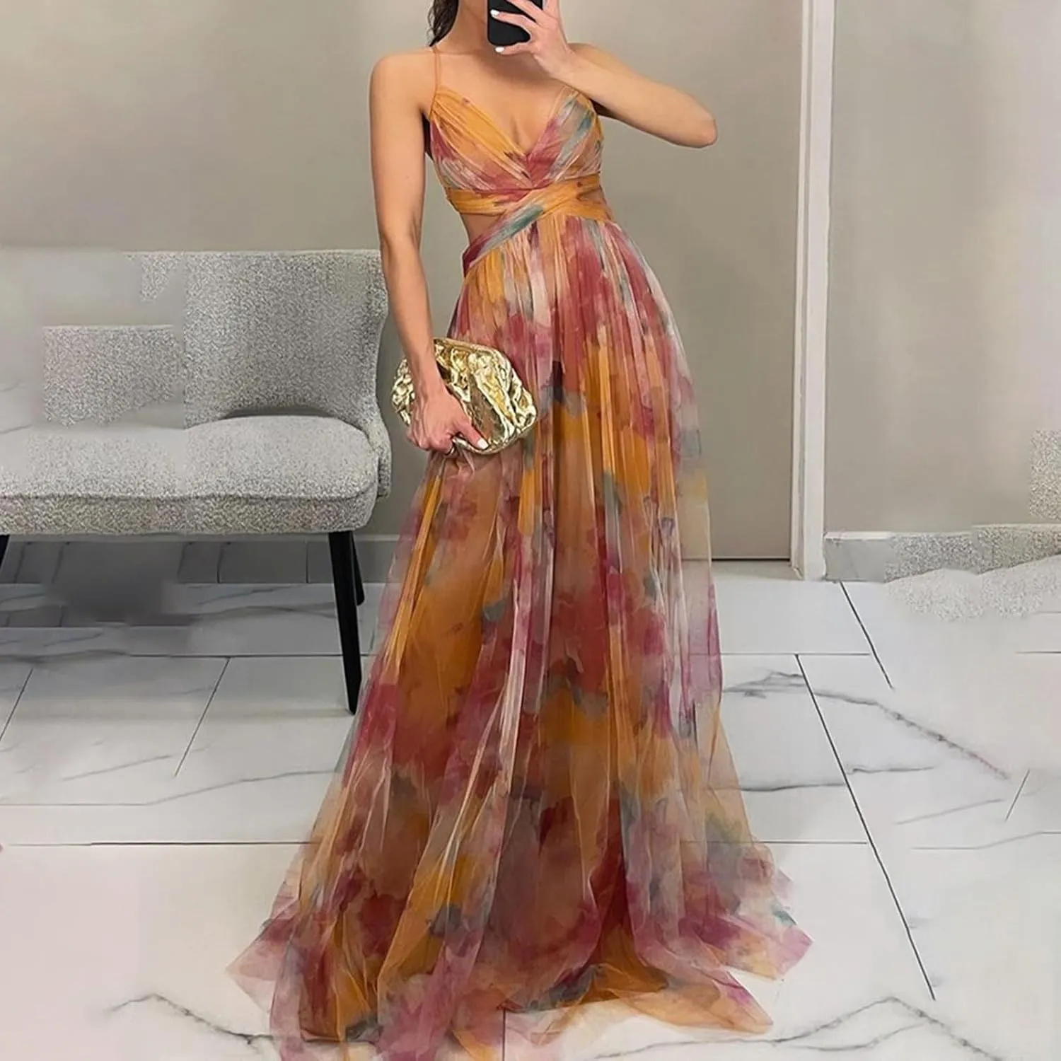 Women's Floral Tulle Wedding Guest Prom Dress Sexy Spaghetti Straps V Neck A Line Formal Colorful Cocktail Maxi Dresses