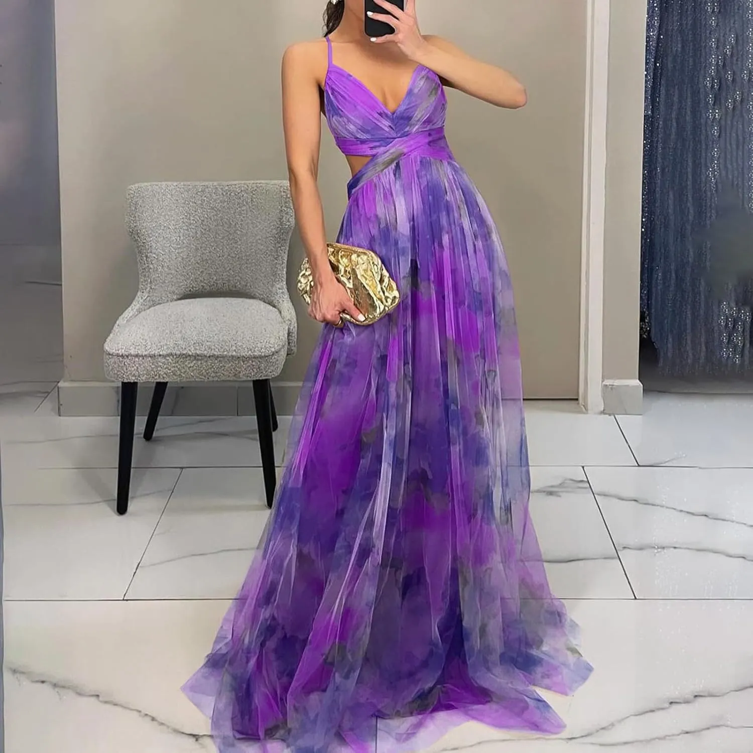 Women's Floral Tulle Wedding Guest Prom Dress Sexy Spaghetti Straps V Neck A Line Formal Colorful Cocktail Maxi Dresses