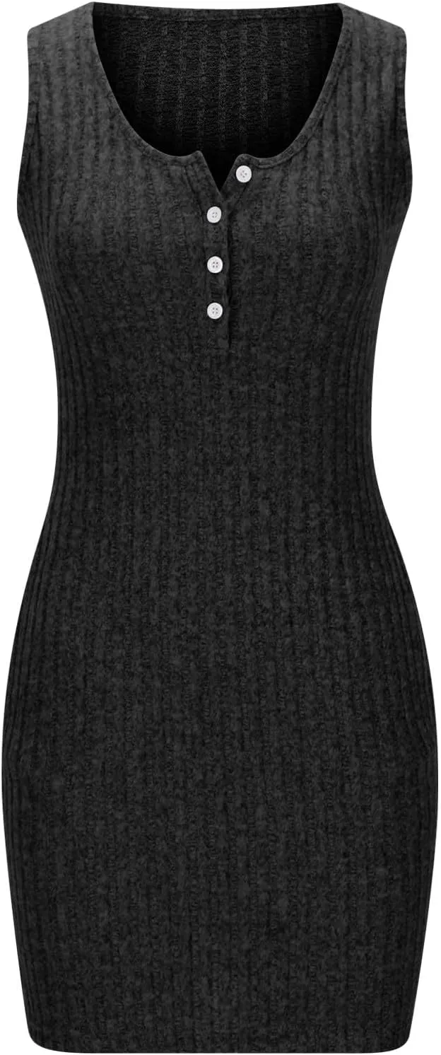 Womens Knit Sundress Sleeveless Button Up V-Neck Mini Dress Summer Casual Tank Dresses Solid Bodycon Pockets Clothes