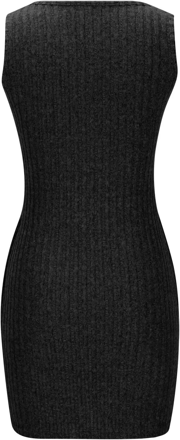 Womens Knit Sundress Sleeveless Button Up V-Neck Mini Dress Summer Casual Tank Dresses Solid Bodycon Pockets Clothes
