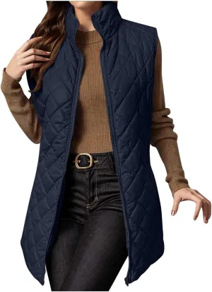 Womens Long Puffer Vest 2024 Sleeveless Zip Up Vest Long Winter Vest Quilted Down Coat Lightweight Trendy Vest Jacket