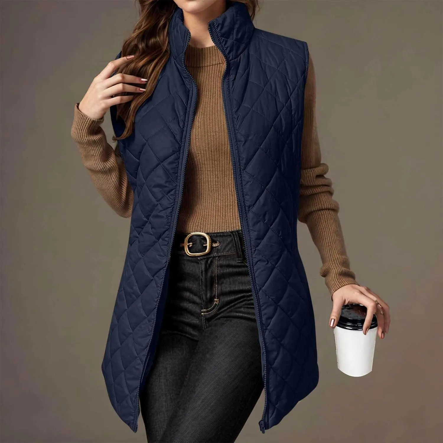 Womens Long Puffer Vest 2024 Sleeveless Zip Up Vest Long Winter Vest Quilted Down Coat Lightweight Trendy Vest Jacket