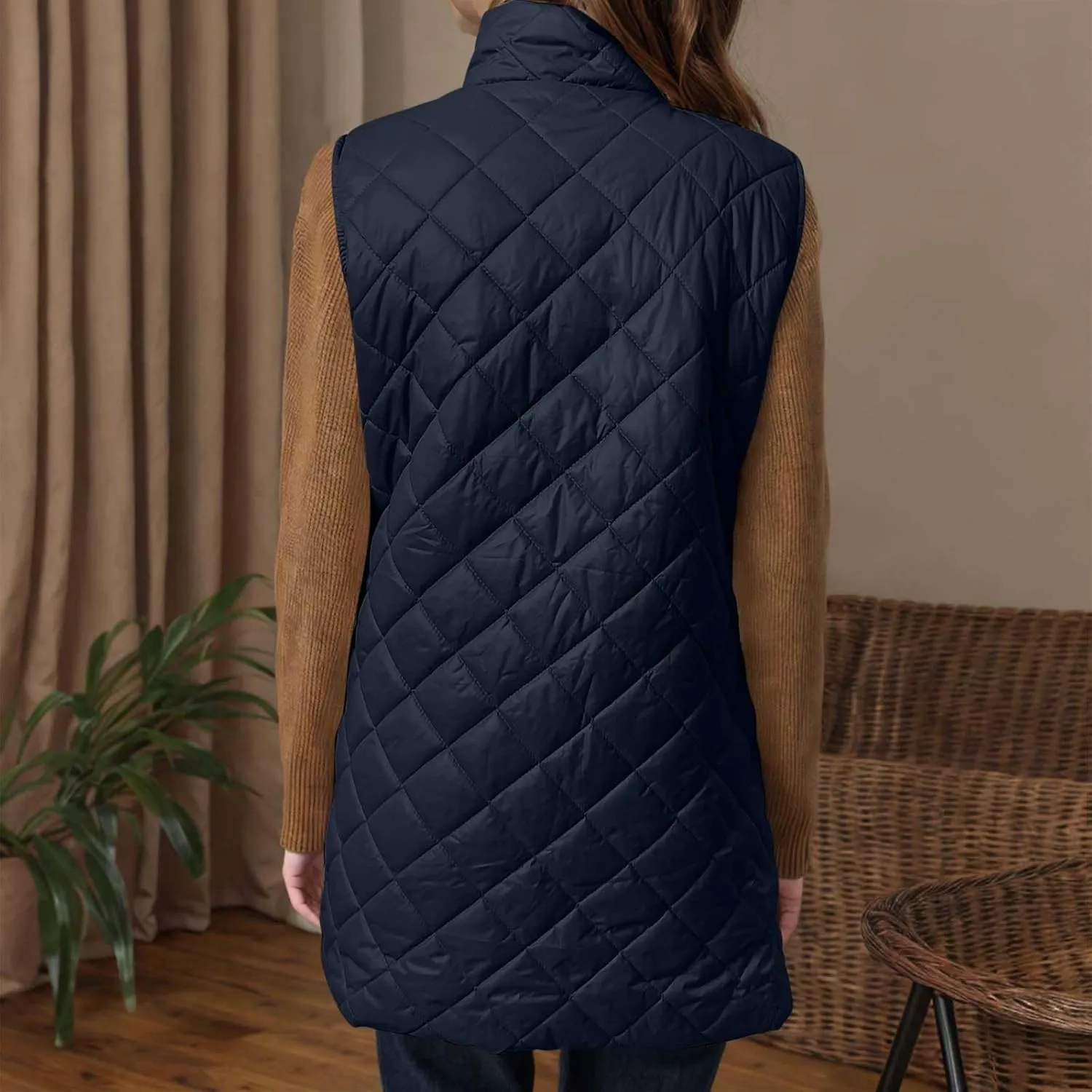 Womens Long Puffer Vest 2024 Sleeveless Zip Up Vest Long Winter Vest Quilted Down Coat Lightweight Trendy Vest Jacket
