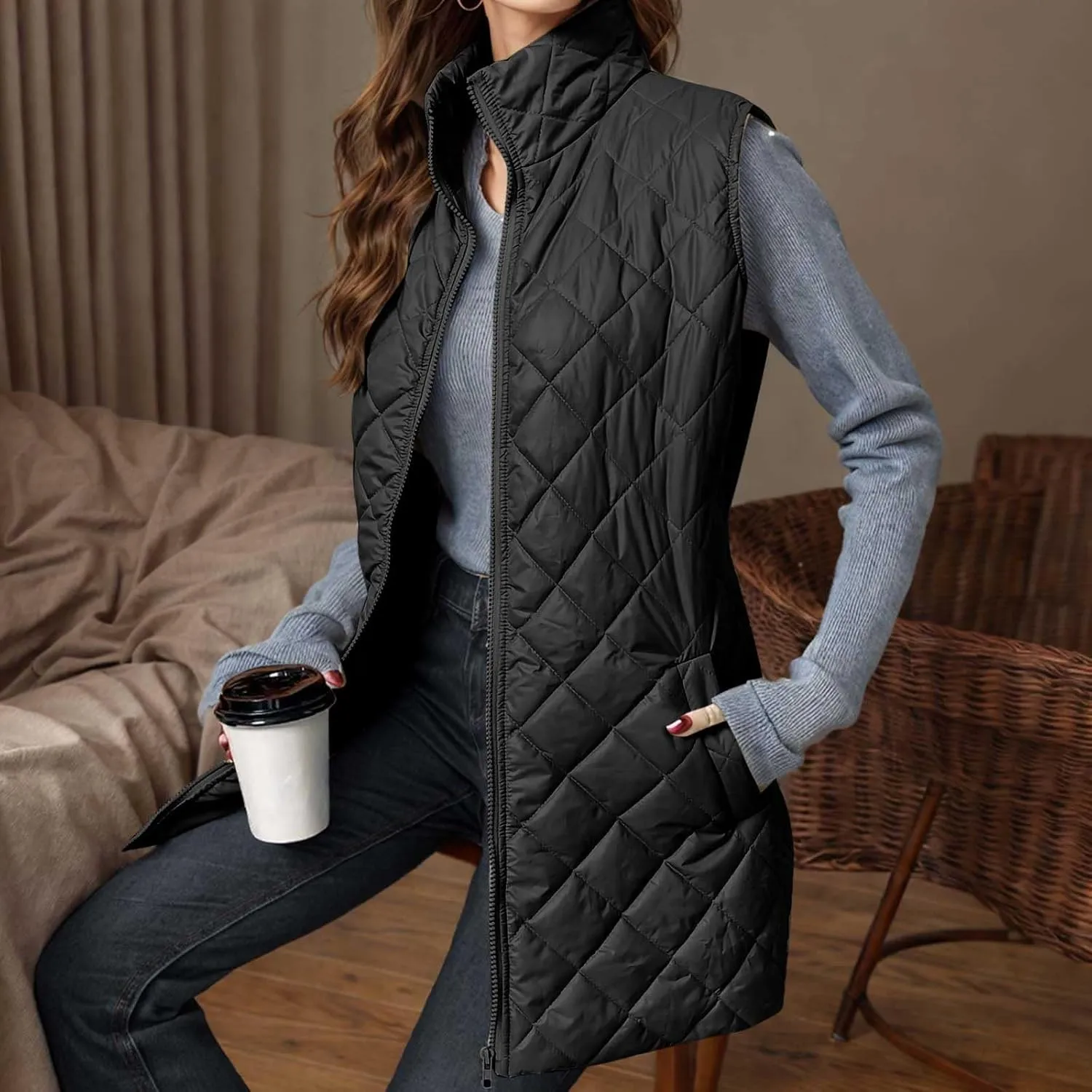 Womens Long Puffer Vest 2024 Sleeveless Zip Up Vest Long Winter Vest Quilted Down Coat Lightweight Trendy Vest Jacket