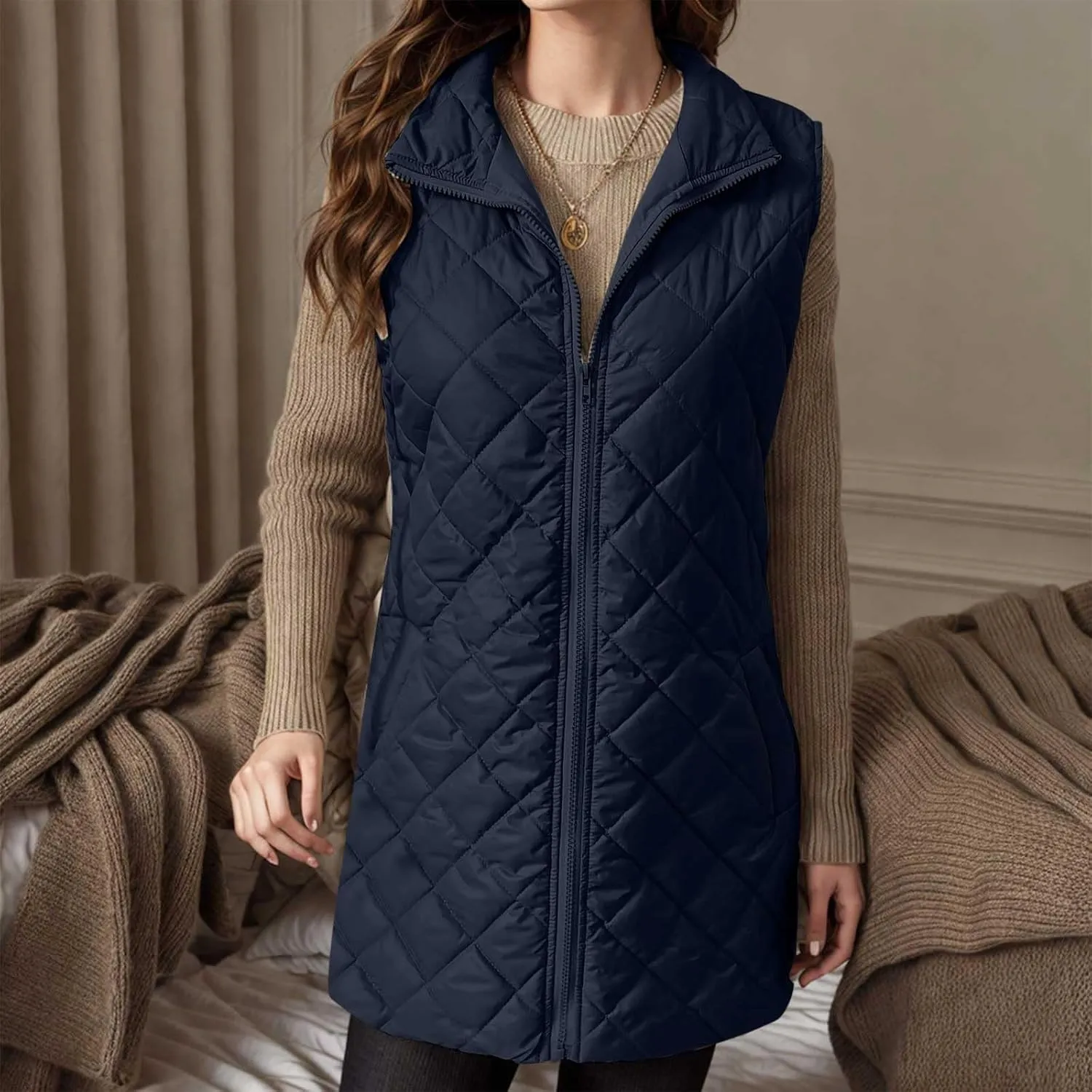Womens Long Puffer Vest 2024 Sleeveless Zip Up Vest Long Winter Vest Quilted Down Coat Lightweight Trendy Vest Jacket