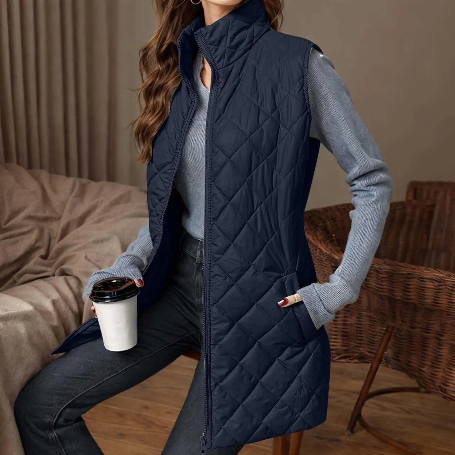 Womens Long Puffer Vest 2024 Sleeveless Zip Up Vest Long Winter Vest Quilted Down Coat Lightweight Trendy Vest Jacket