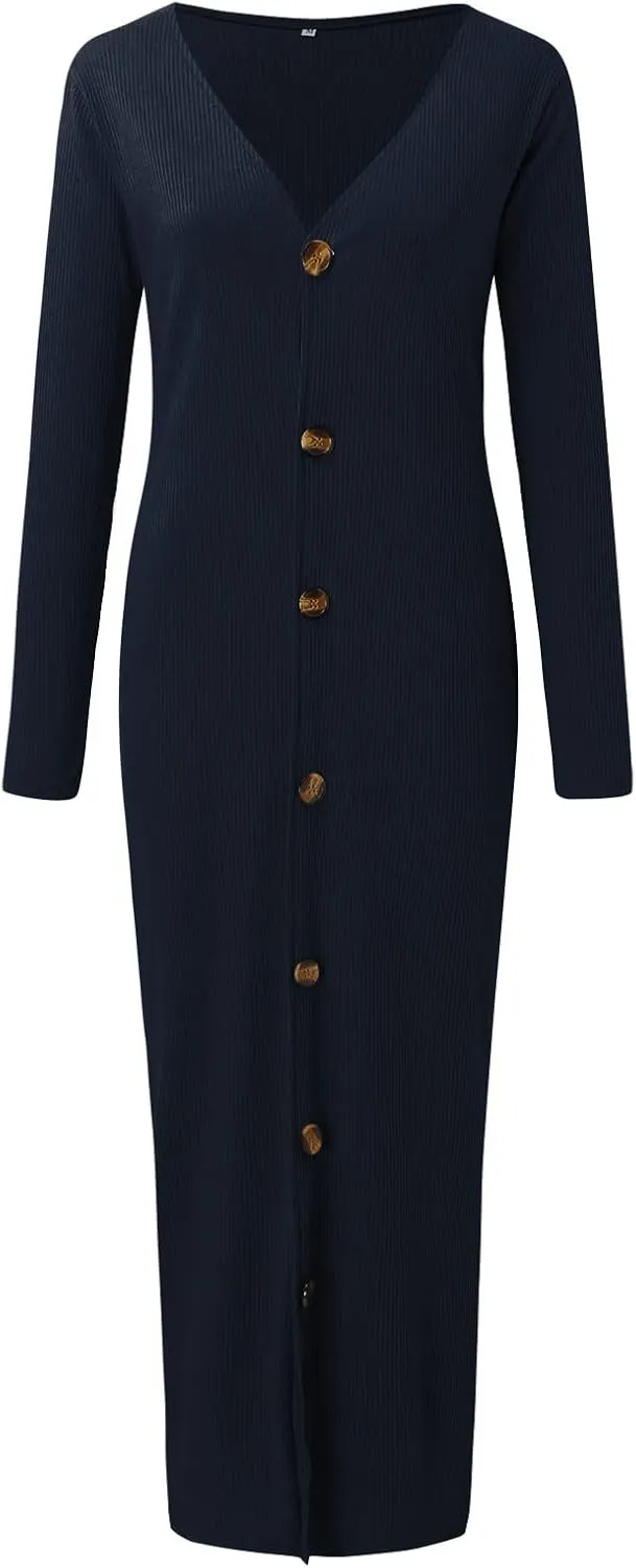 Womens Ribbed Knit Maxi Dresses Long Sleeve V Neck Casual Sweater Dress Button Down Bodycon Midi Dress