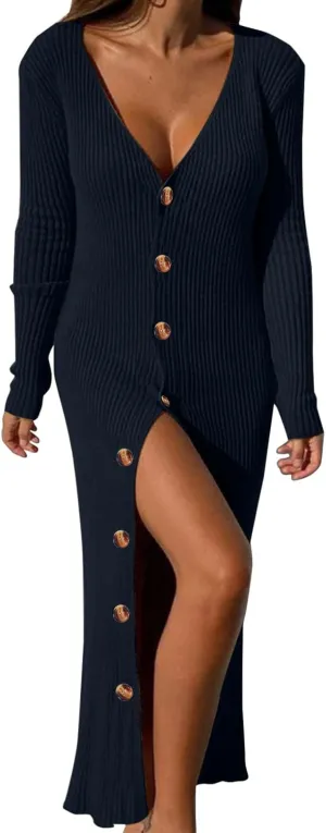 Womens Ribbed Knit Maxi Dresses Long Sleeve V Neck Casual Sweater Dress Button Down Bodycon Midi Dress