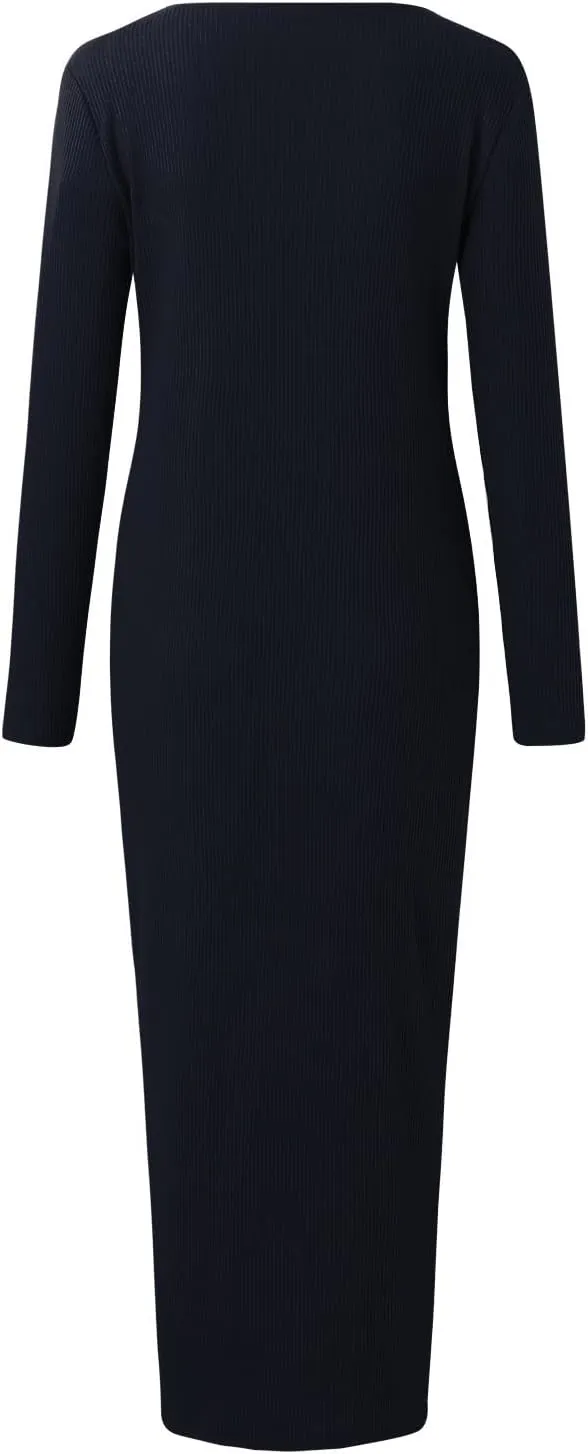 Womens Ribbed Knit Maxi Dresses Long Sleeve V Neck Casual Sweater Dress Button Down Bodycon Midi Dress
