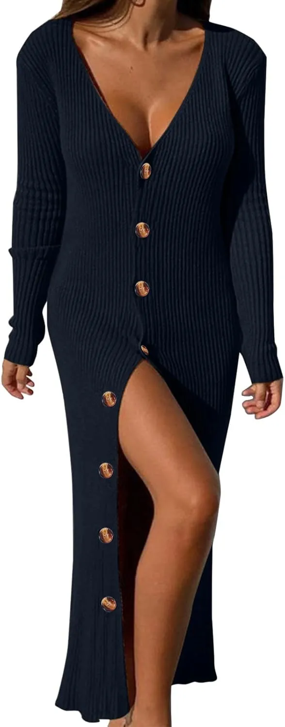 Womens Ribbed Knit Maxi Dresses Long Sleeve V Neck Casual Sweater Dress Button Down Bodycon Midi Dress