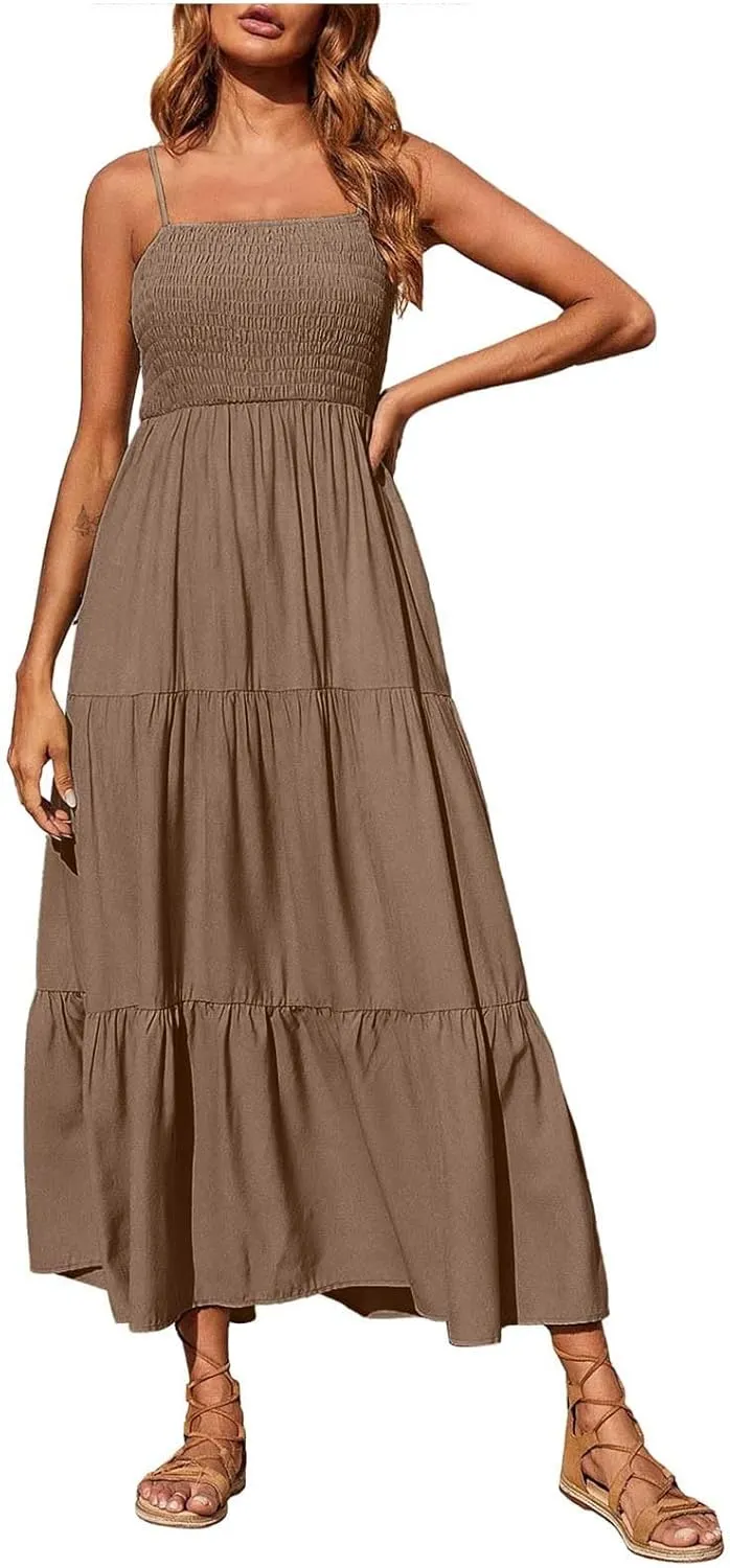 Women's Spaghetti Straps Maxi Dresses Smocked Sleeveless Summer Dress Ruffle Tiered Swing Flowy Boho Long Sundress