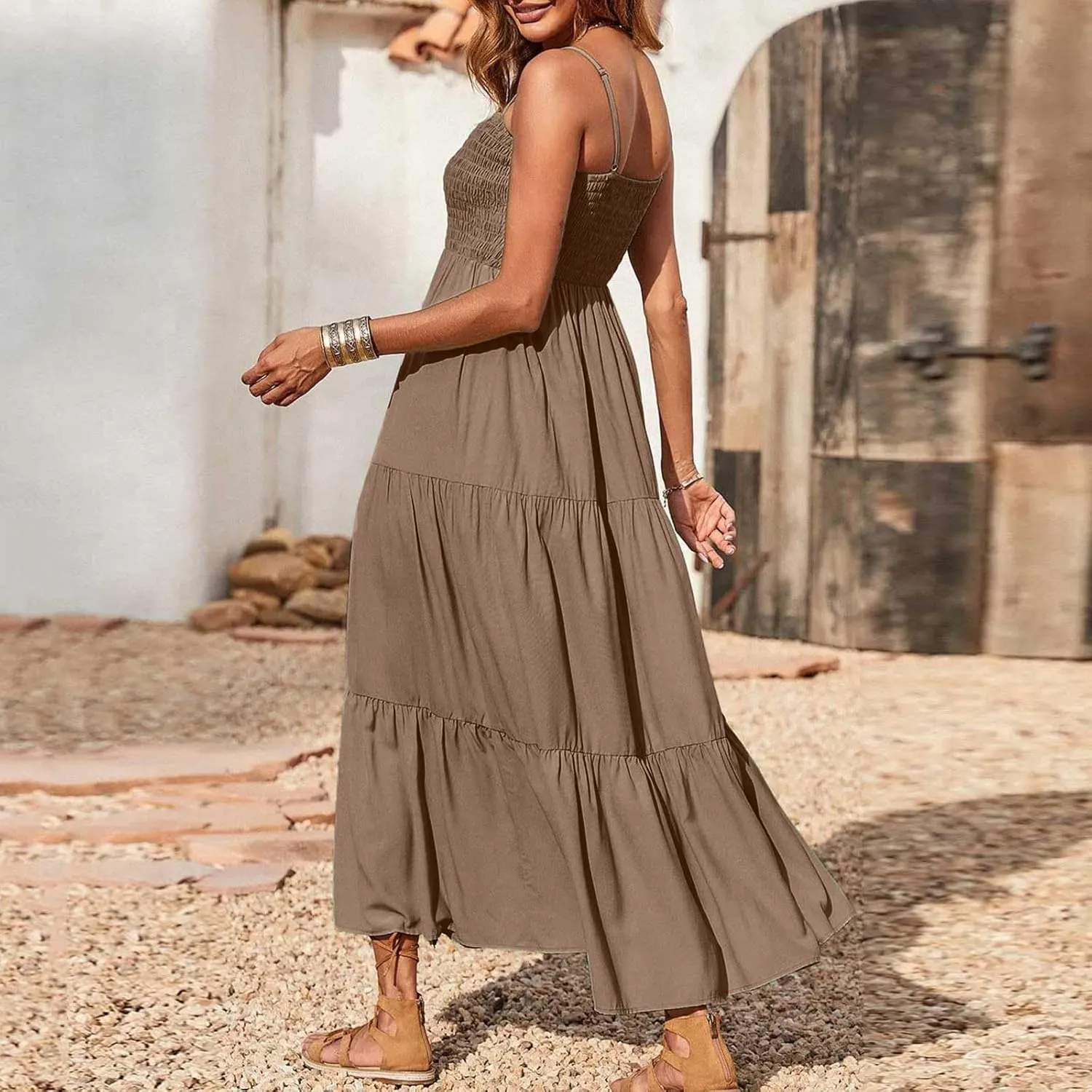 Women's Spaghetti Straps Maxi Dresses Smocked Sleeveless Summer Dress Ruffle Tiered Swing Flowy Boho Long Sundress