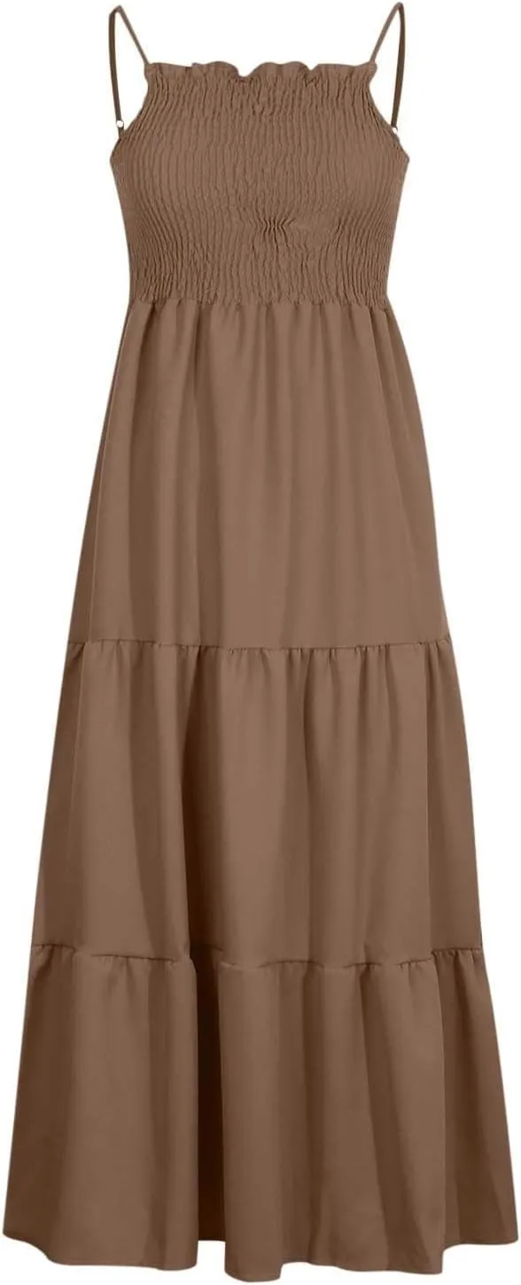Women's Spaghetti Straps Maxi Dresses Smocked Sleeveless Summer Dress Ruffle Tiered Swing Flowy Boho Long Sundress