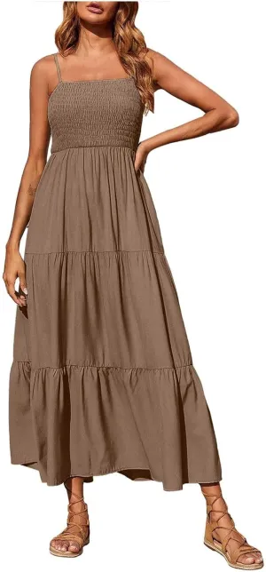 Women's Spaghetti Straps Maxi Dresses Smocked Sleeveless Summer Dress Ruffle Tiered Swing Flowy Boho Long Sundress