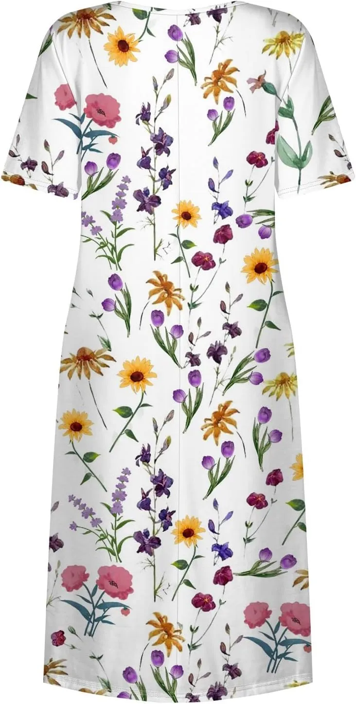Womens Summer A-Line Dress Mini Short Sleeve Dresses Flowy Beach Swing Dress 2025 Vacation Travel with Pockets