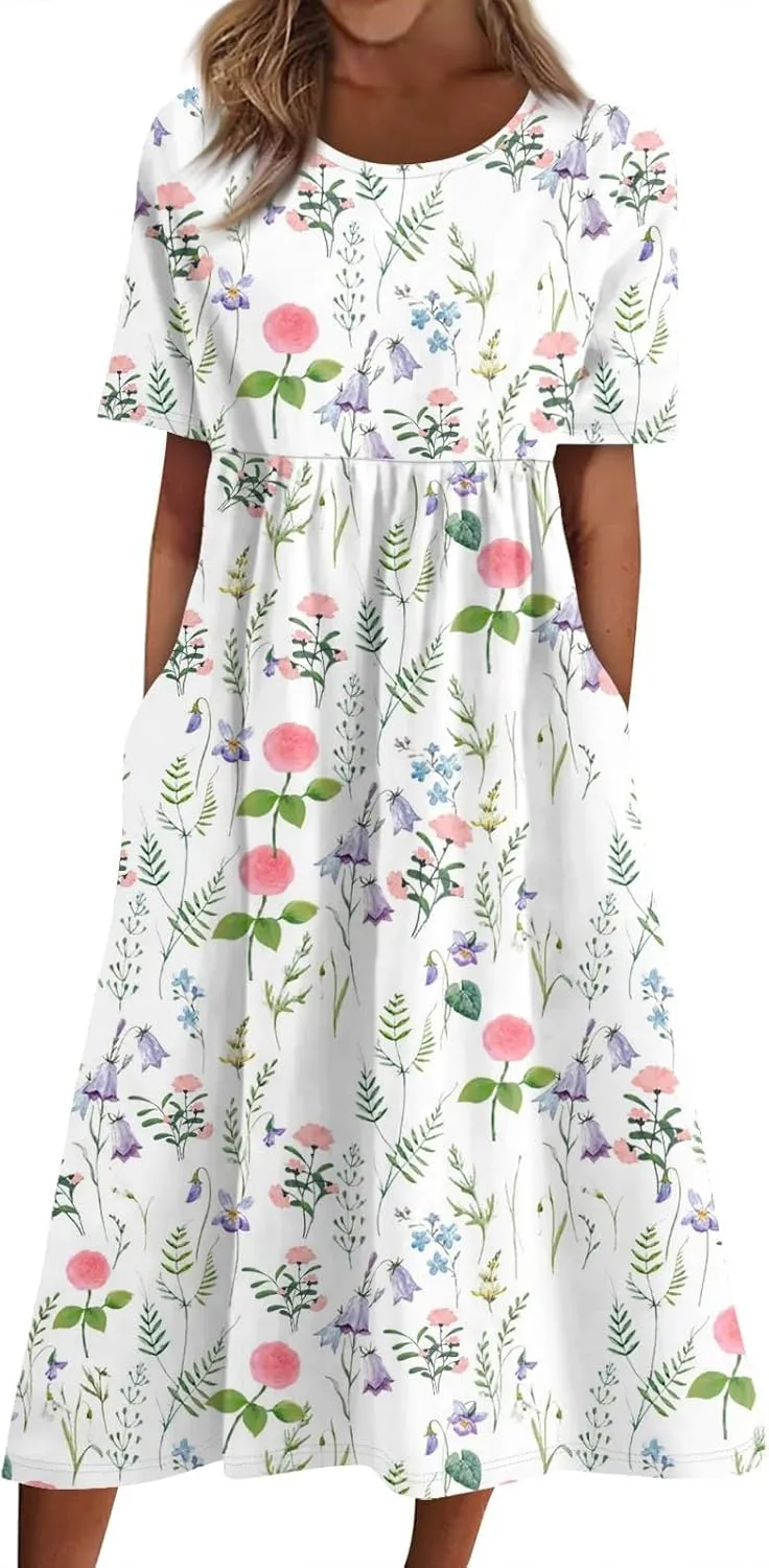Womens Summer A-Line Dress Mini Short Sleeve Dresses Flowy Beach Swing Dress 2025 Vacation Travel with Pockets