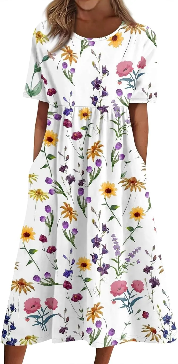Womens Summer A-Line Dress Mini Short Sleeve Dresses Flowy Beach Swing Dress 2025 Vacation Travel with Pockets