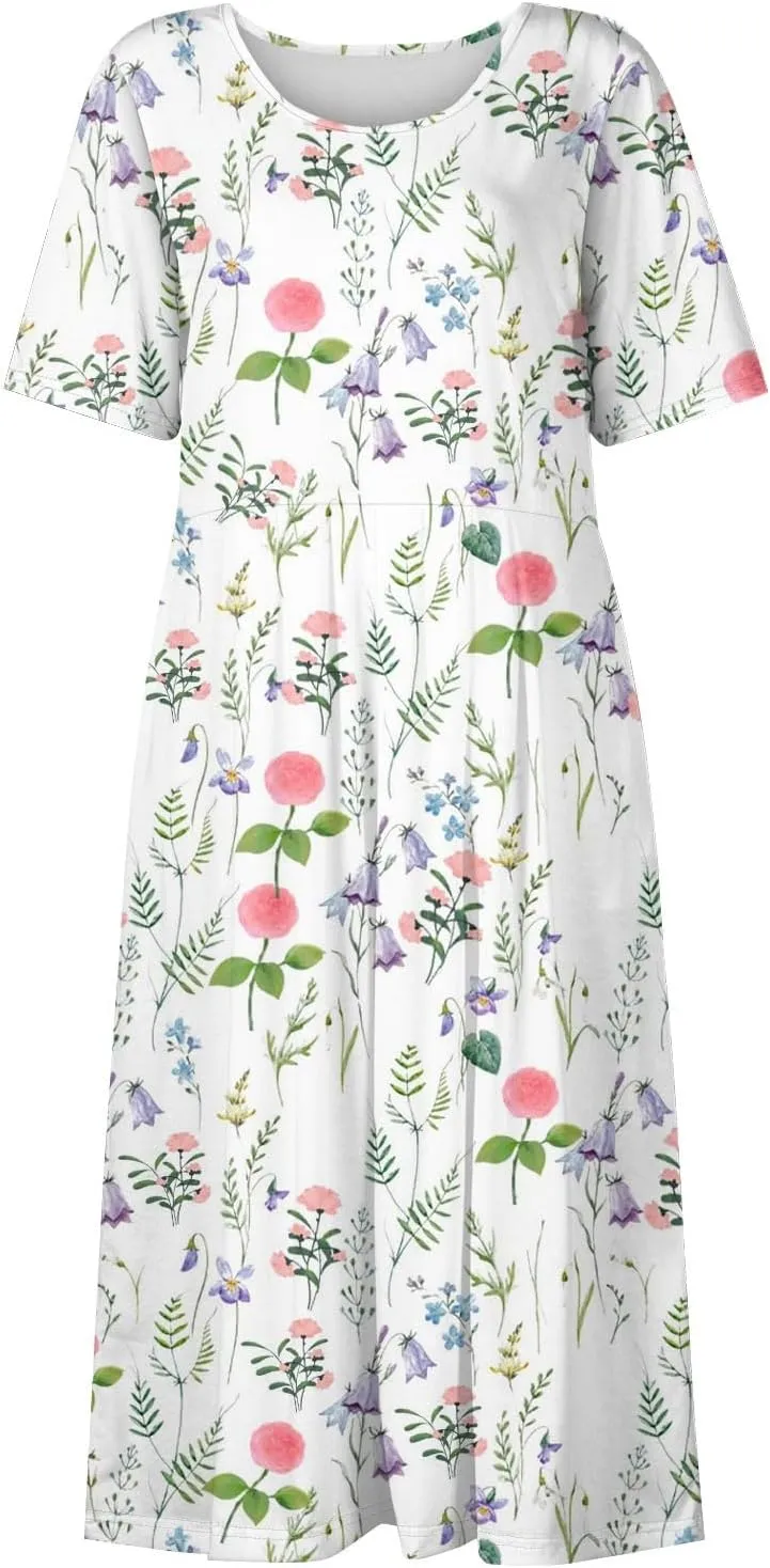 Womens Summer A-Line Dress Mini Short Sleeve Dresses Flowy Beach Swing Dress 2025 Vacation Travel with Pockets