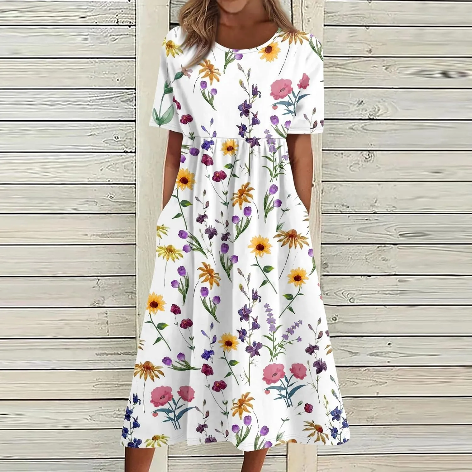 Womens Summer A-Line Dress Mini Short Sleeve Dresses Flowy Beach Swing Dress 2025 Vacation Travel with Pockets