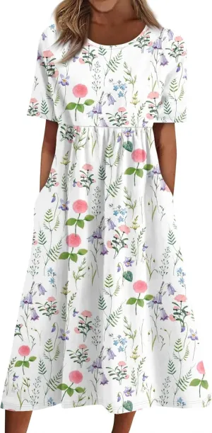 Womens Summer A-Line Dress Mini Short Sleeve Dresses Flowy Beach Swing Dress 2025 Vacation Travel with Pockets