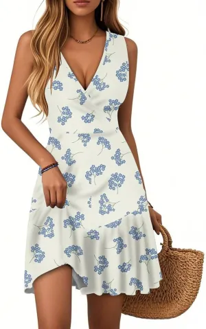 Womens Summer Dresses Boho Floral Print V-Neck Sleeveless Lightweight Casual Beach Mini Sundress