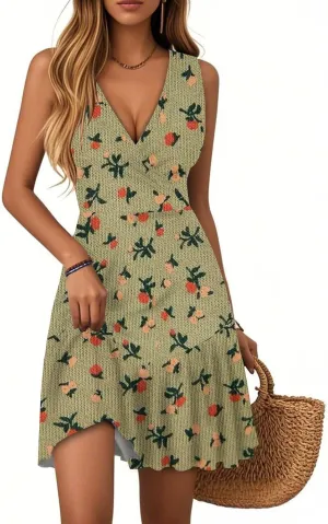 Womens Summer Dresses Boho Floral Print V-Neck Sleeveless Lightweight Casual Beach Mini Sundress