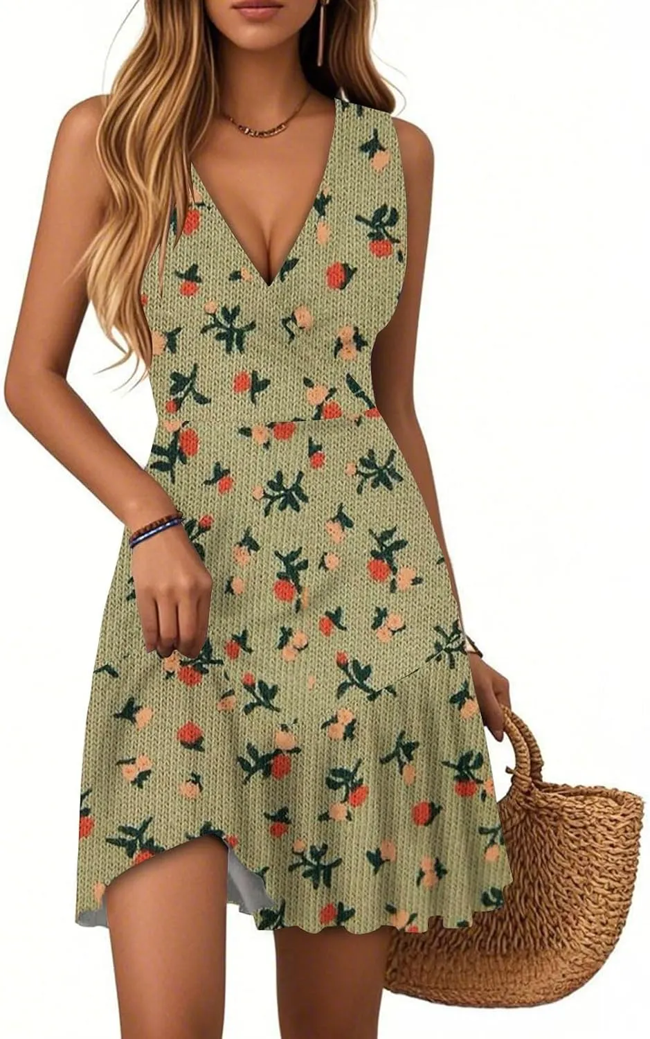 Womens Summer Dresses Boho Floral Print V-Neck Sleeveless Lightweight Casual Beach Mini Sundress