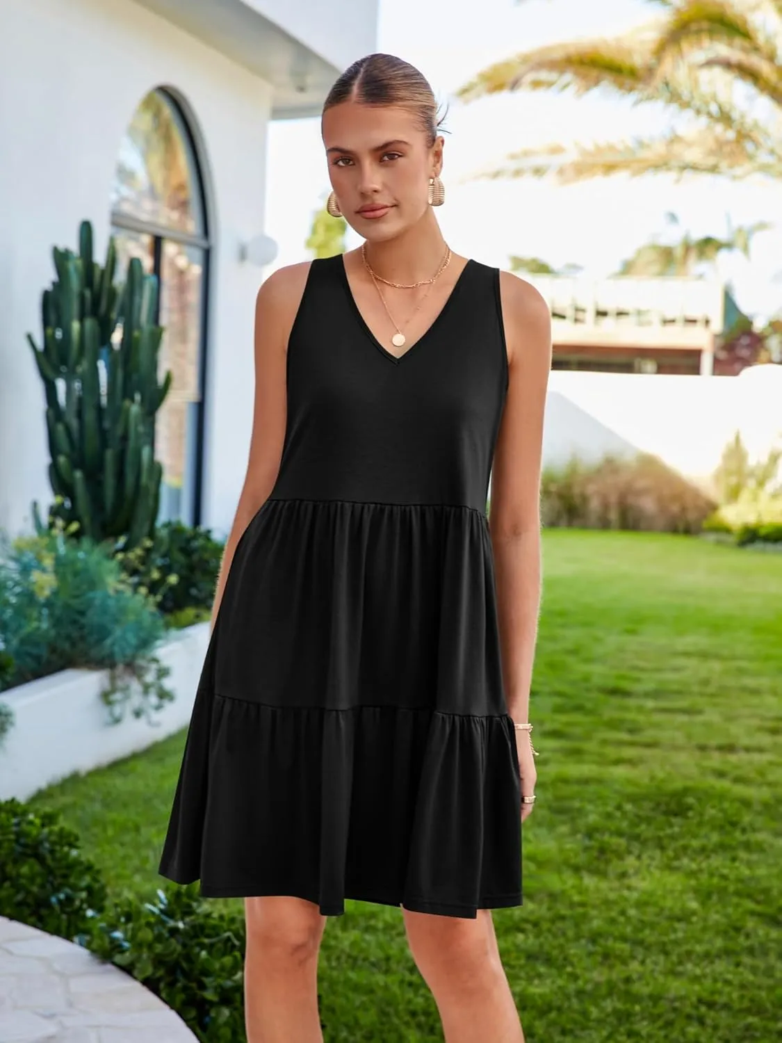 Womens Summer Dresses V Neck Tank Tiered Flowy Mini A Line Casual Sundress with Pockets