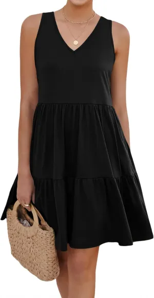 Womens Summer Dresses V Neck Tank Tiered Flowy Mini A Line Casual Sundress with Pockets