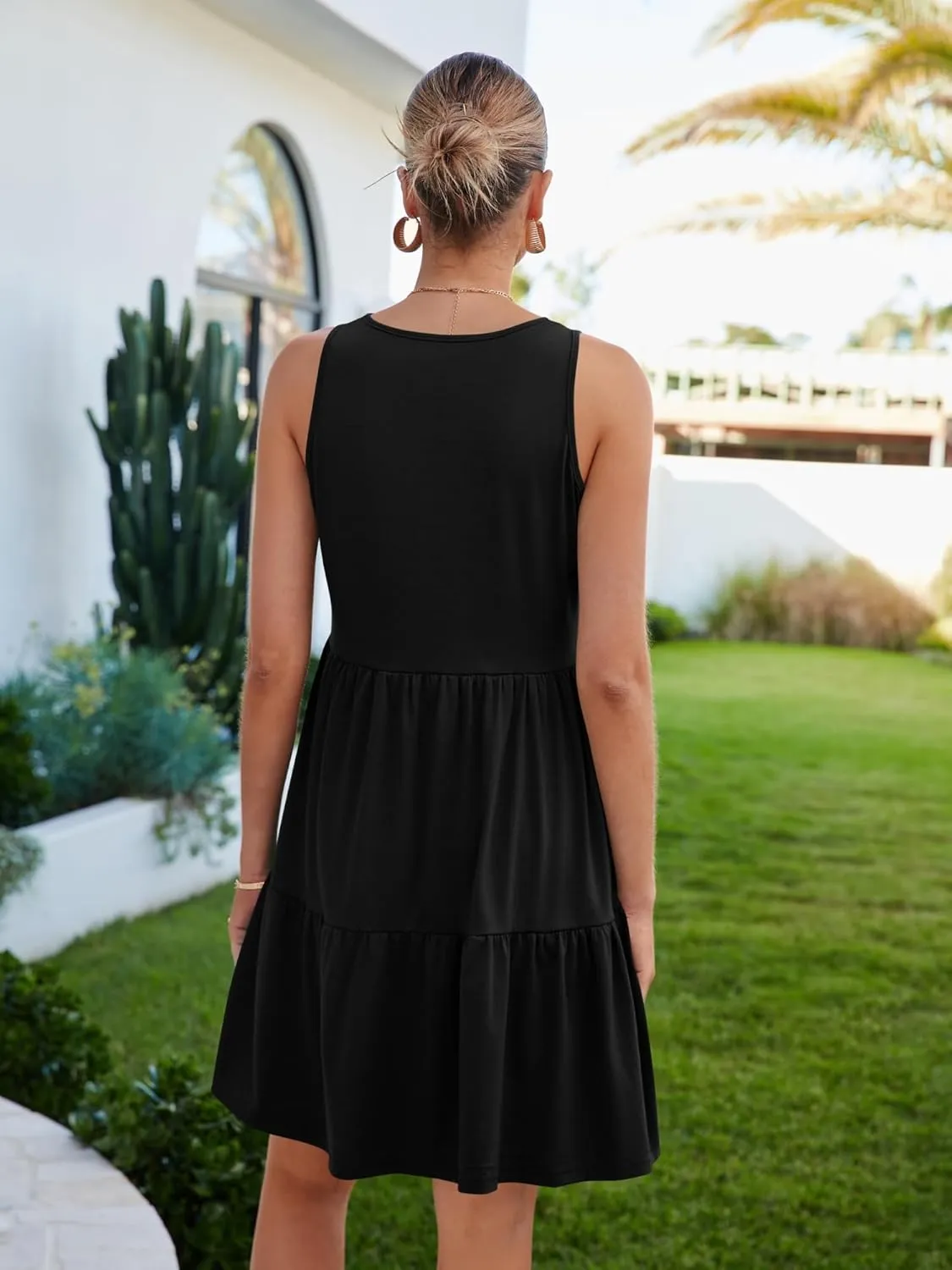 Womens Summer Dresses V Neck Tank Tiered Flowy Mini A Line Casual Sundress with Pockets