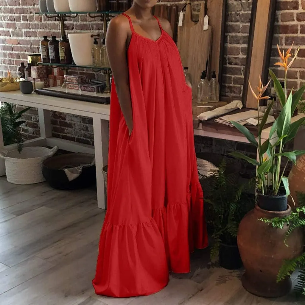 Women's Summer Maxi Dress Casual V-Neck Sleeveless Bohemian Spaghetti Strap Floral Long Maxi Dress with Pockets