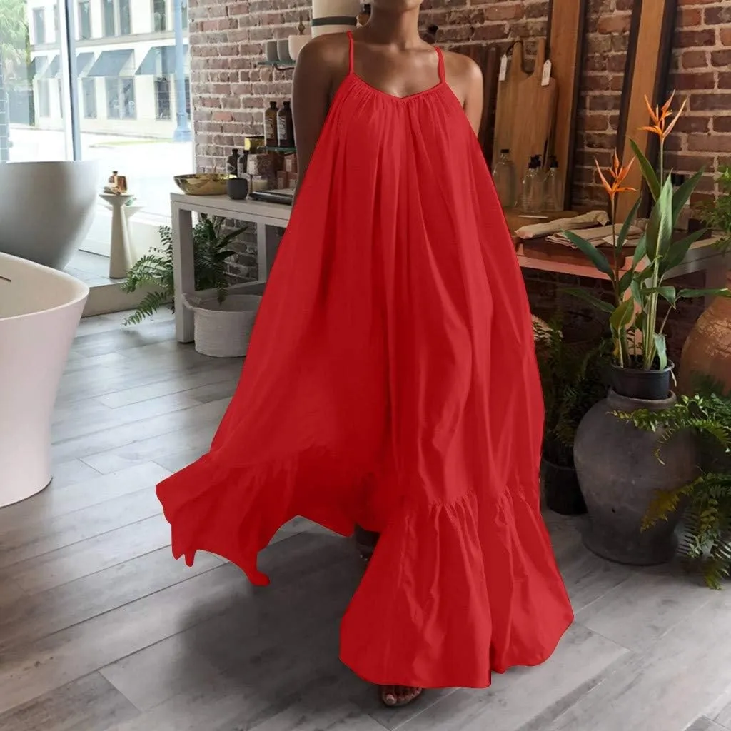 Women's Summer Maxi Dress Casual V-Neck Sleeveless Bohemian Spaghetti Strap Floral Long Maxi Dress with Pockets