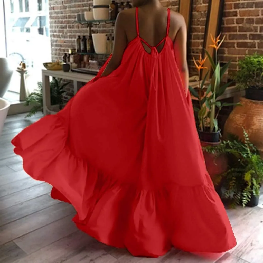 Women's Summer Maxi Dress Casual V-Neck Sleeveless Bohemian Spaghetti Strap Floral Long Maxi Dress with Pockets