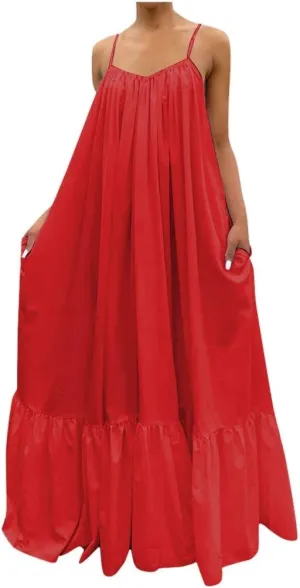 Women's Summer Maxi Dress Casual V-Neck Sleeveless Bohemian Spaghetti Strap Floral Long Maxi Dress with Pockets