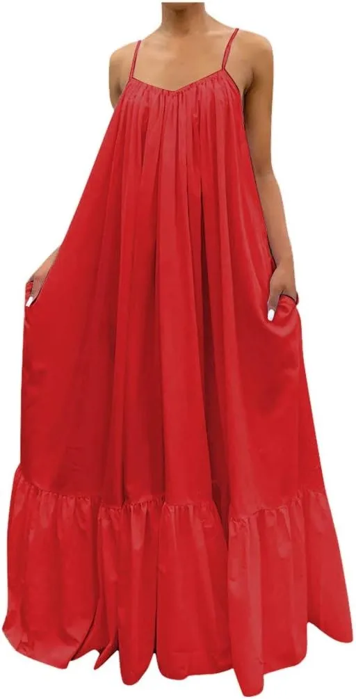 Women's Summer Maxi Dress Casual V-Neck Sleeveless Bohemian Spaghetti Strap Floral Long Maxi Dress with Pockets