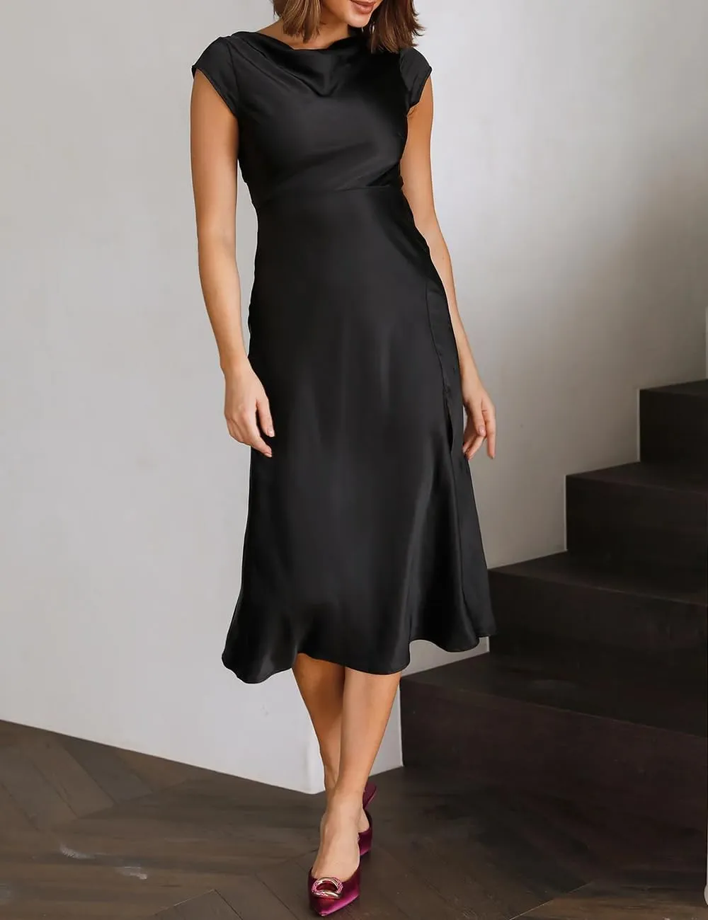 Women's Summer Satin Elegance Backless Twist Cap Sleeves Midi Dress 2025 Sexy Cowl Neck Slit Cocktail Wedding Guest Dresses