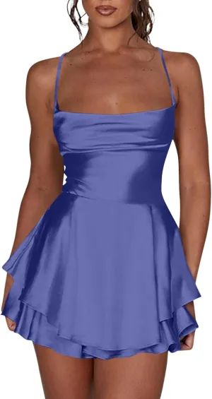 Womens Summer Sexy Backless Satin Dress Cowl Neck Cross Spaghetti Strap Solid Color Mini Beach Vacation Dresses