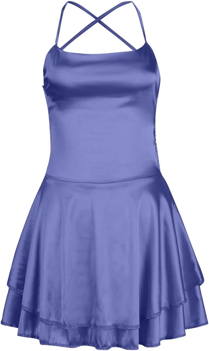 Womens Summer Sexy Backless Satin Dress Cowl Neck Cross Spaghetti Strap Solid Color Mini Beach Vacation Dresses