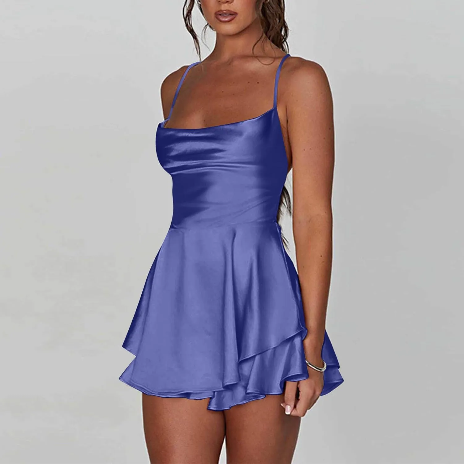 Womens Summer Sexy Backless Satin Dress Cowl Neck Cross Spaghetti Strap Solid Color Mini Beach Vacation Dresses