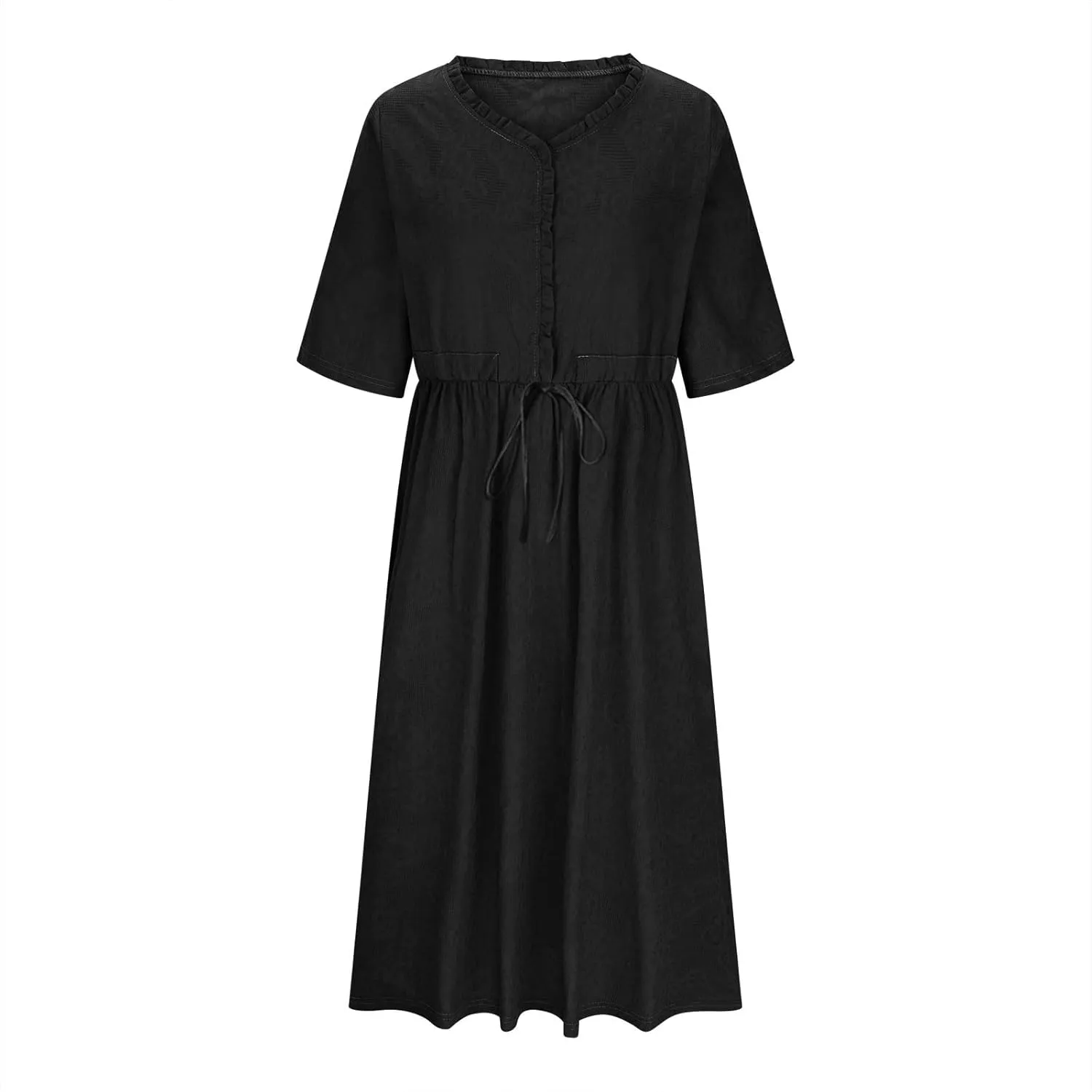 Womens Summer Trendy Textured Midi Dresses Casual Elbow Length Sleeve V Neck Drawstring Waist Pleated Flowy Boho Dress